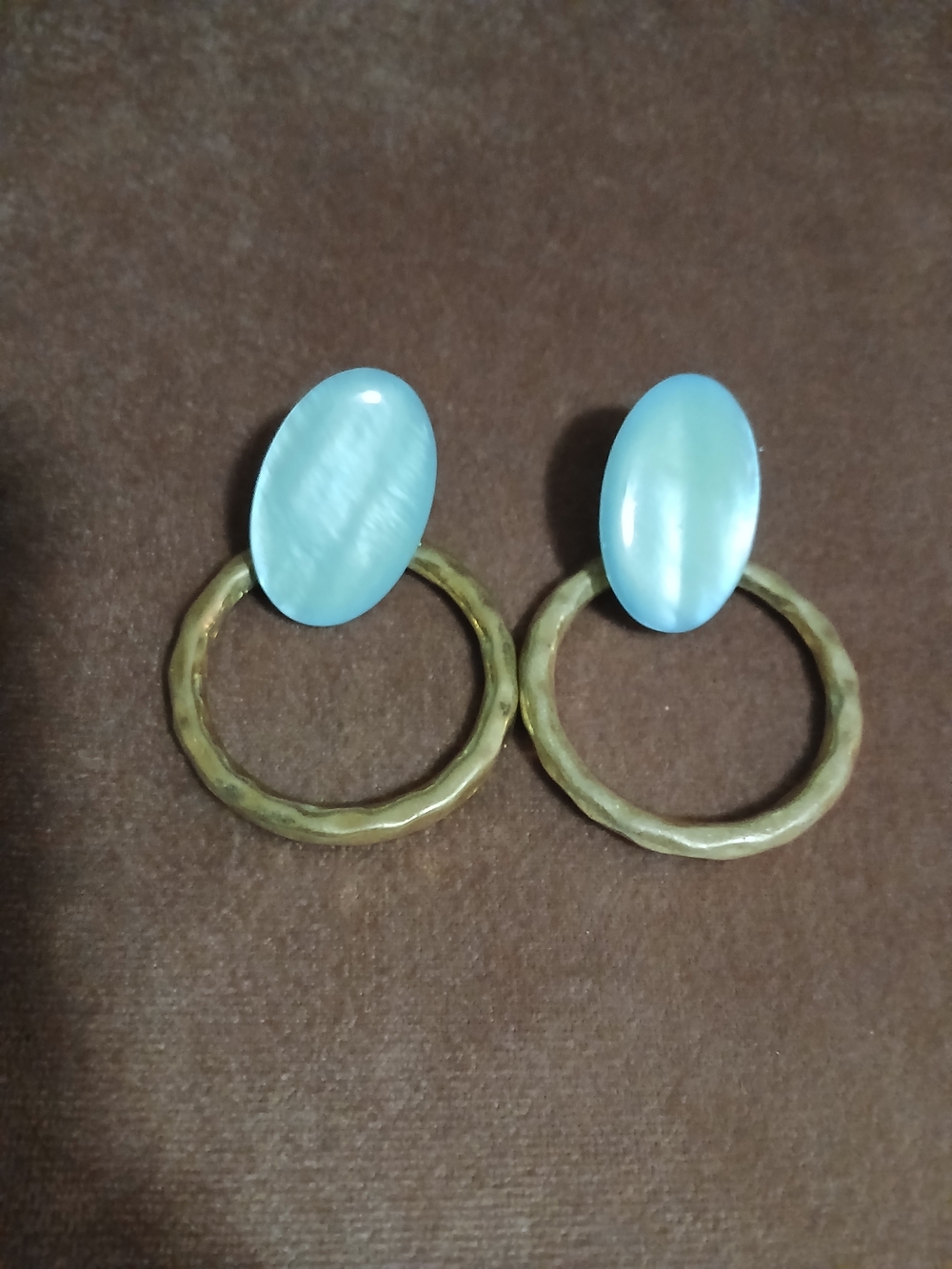 Gold Hoop Earrings with Light Blue Oval Tops